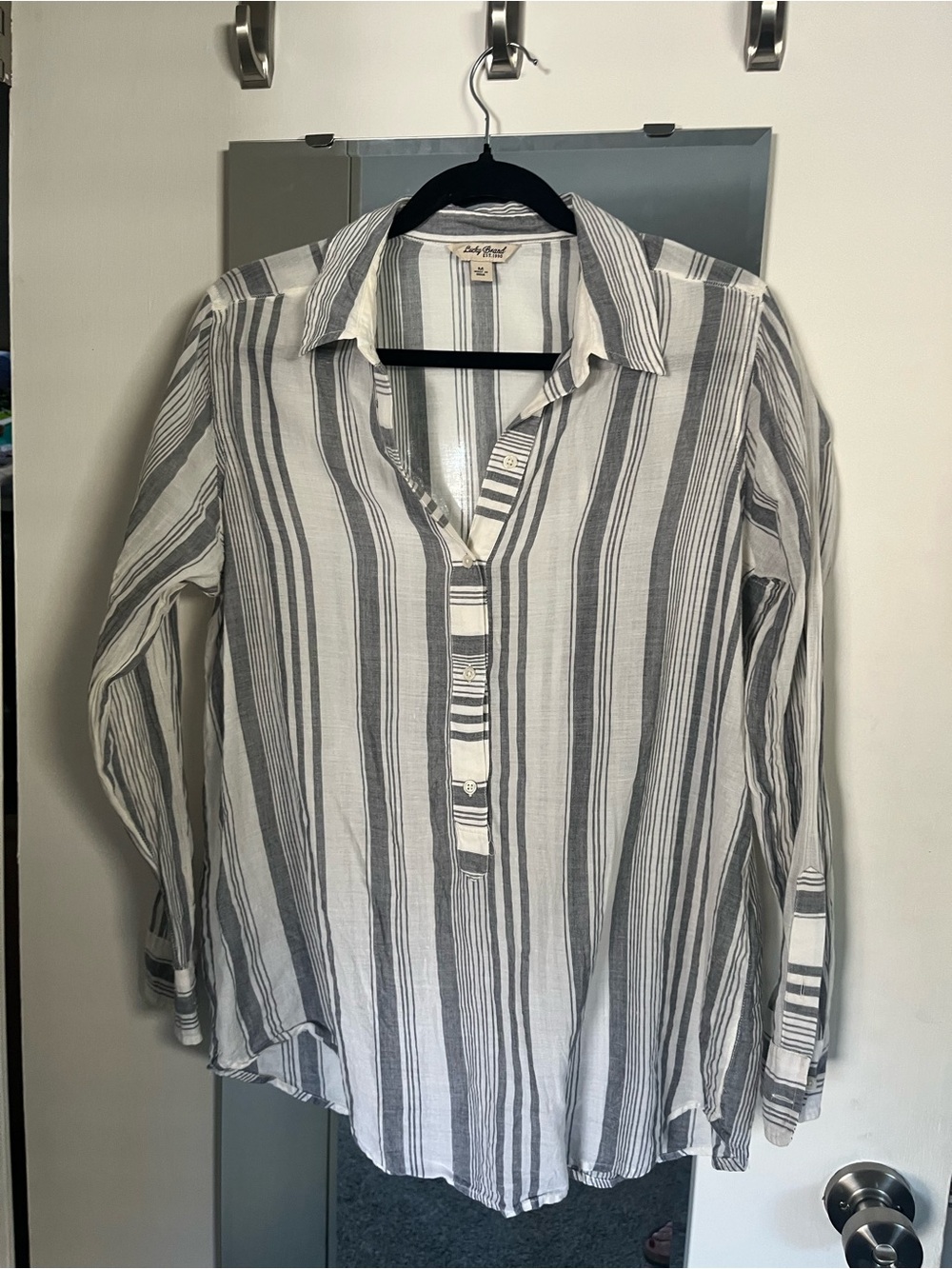 Lucky Brand White and Gray Vertical Stripe Button-Front Shirt